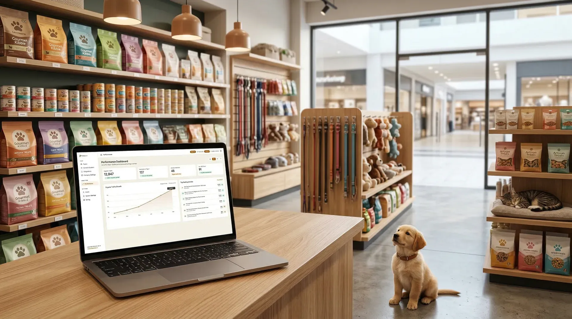 Tiergeschäft-Innenraum mit Hund und Katze, gefüllte Regale mit Tierprodukten