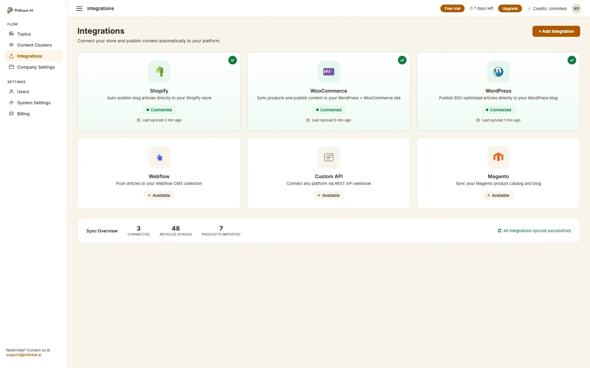 Petbase AI Integration-Setup mit Shopify, WooCommerce und WordPress