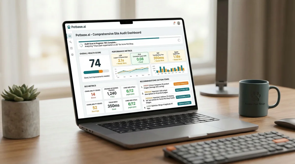 Laptop showing site audit tool scanning a pet store website for SEO issues