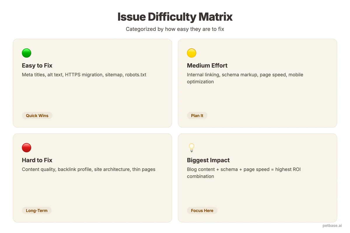 Issue matrix separating easy fixes like meta titles and alt text from hard fixes like site speed and content quality