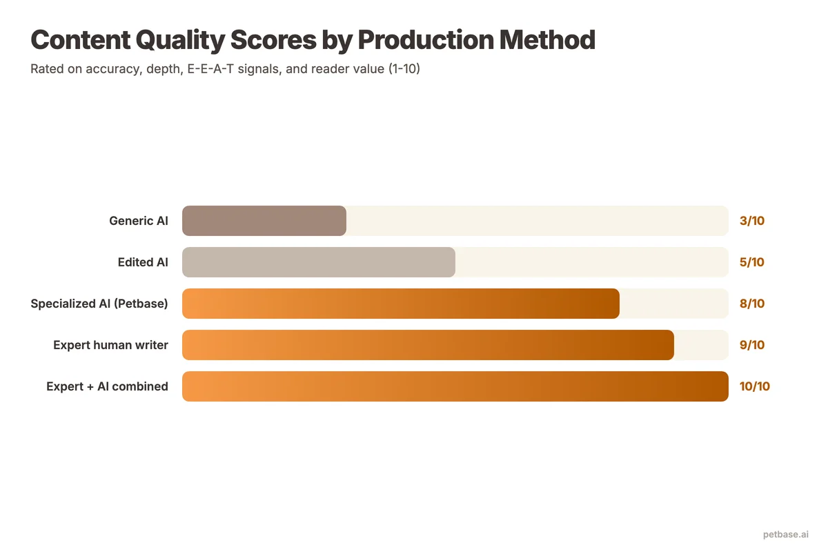 Content quality comparison showing generic AI, edited AI, specialized AI, and expert human content scores