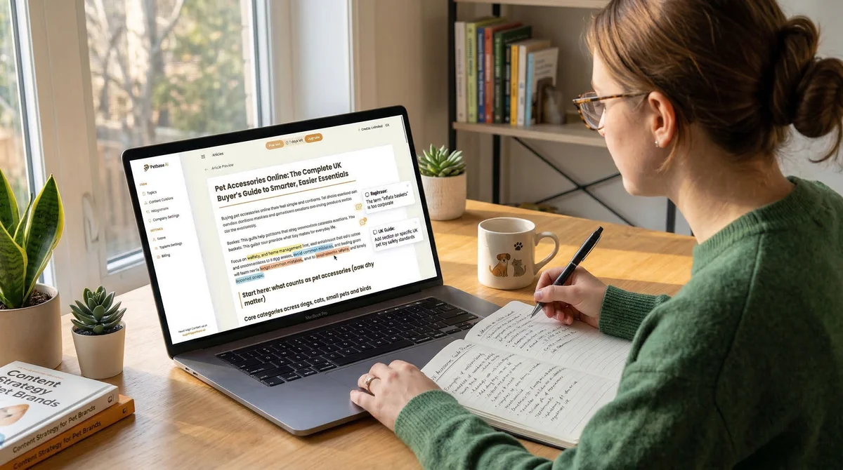 Person reviewing and editing AI-generated pet article on laptop