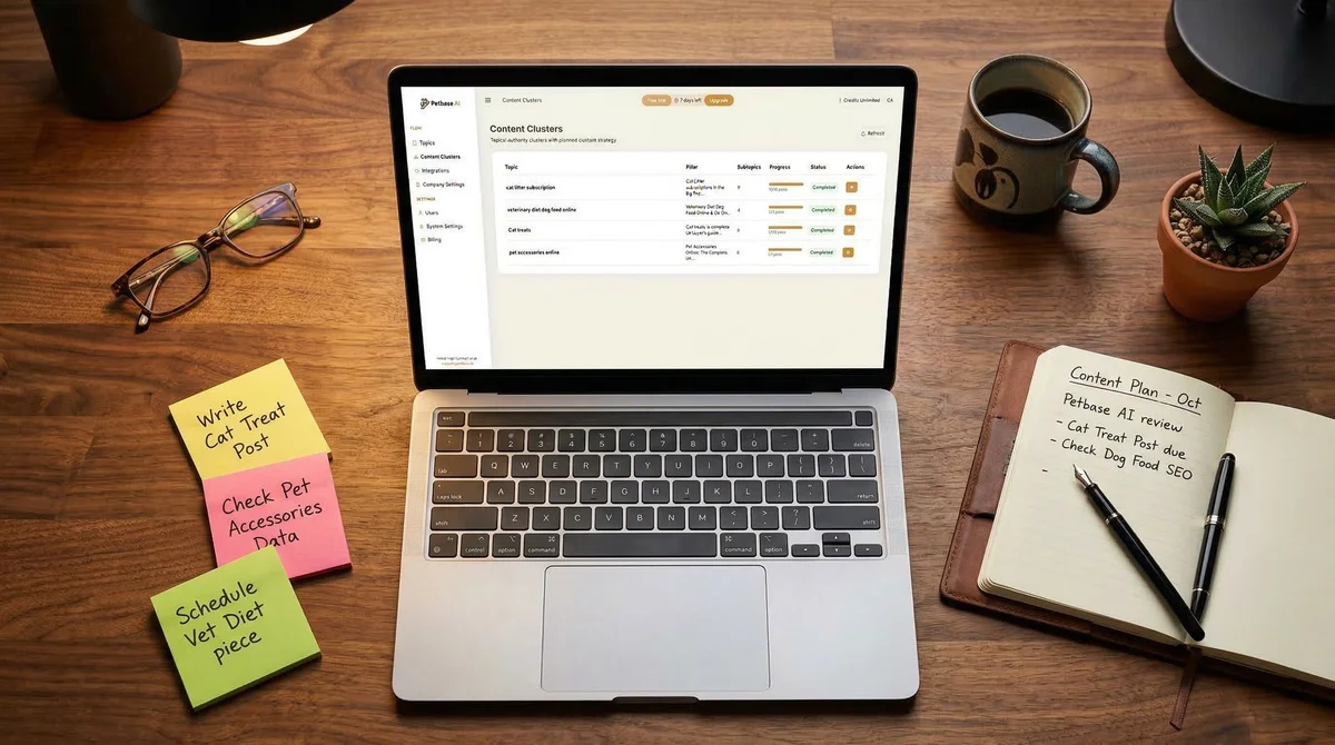 Petbase content calendar interface on laptop with planning notes nearby