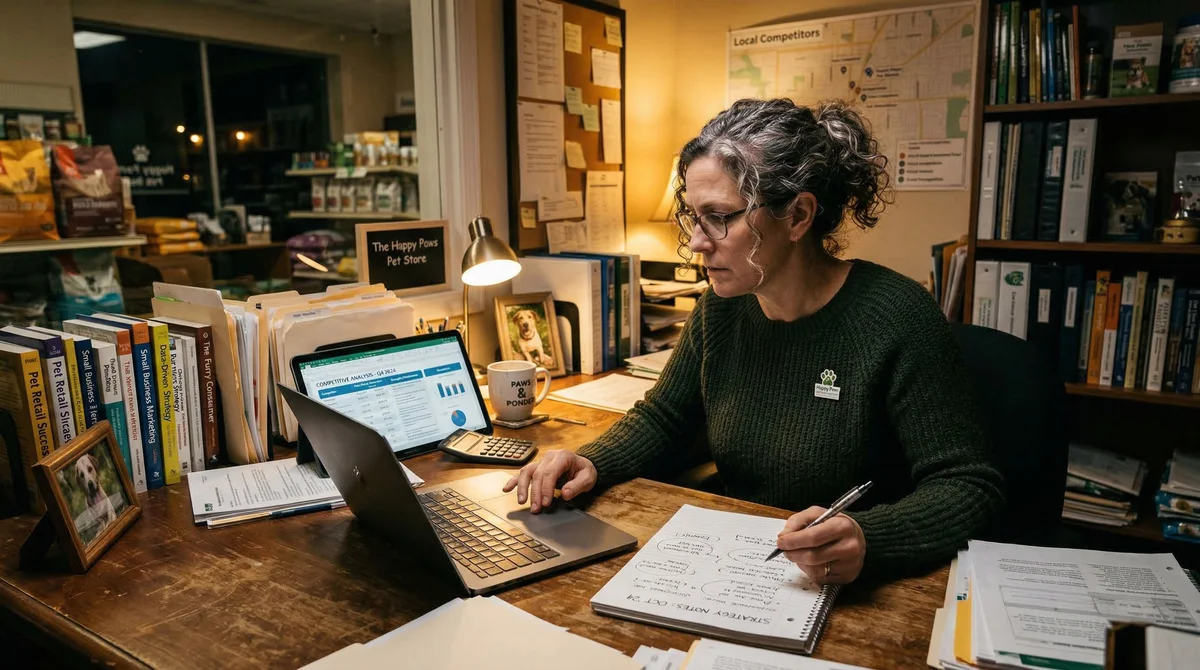 Independent pet store owner strategizing competitive approach at desk with laptop