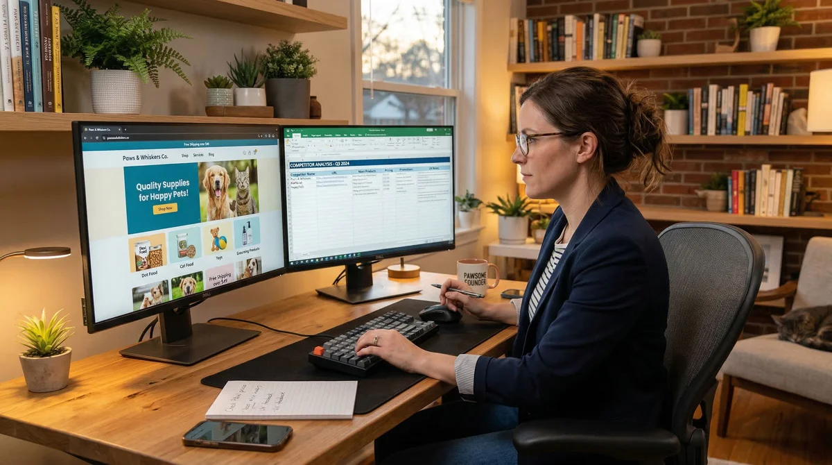 Business owner comparing competitor websites on dual monitors with spreadsheet