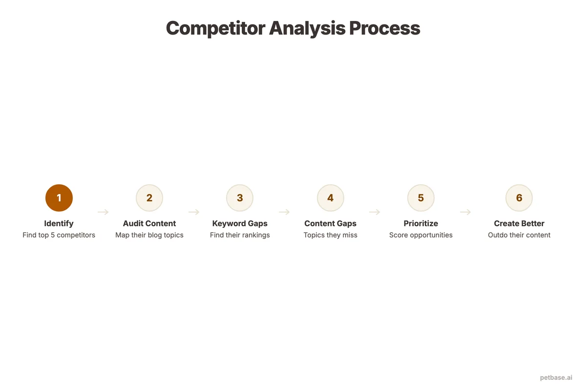 Six-step competitor analysis process from identifying competitors through finding content gaps to creating better content