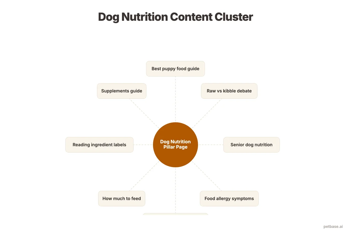 Dog nutrition content cluster diagram with pillar page connected to 8 supporting articles