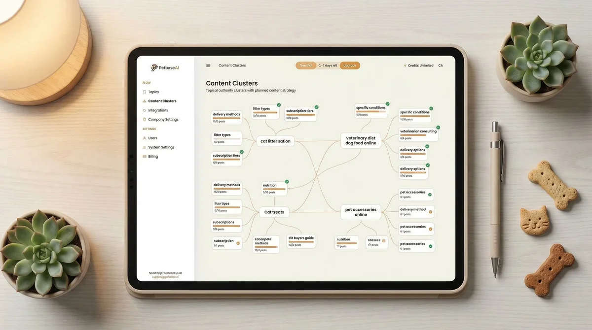 Content cluster planning tool showing topic connections for pet store content