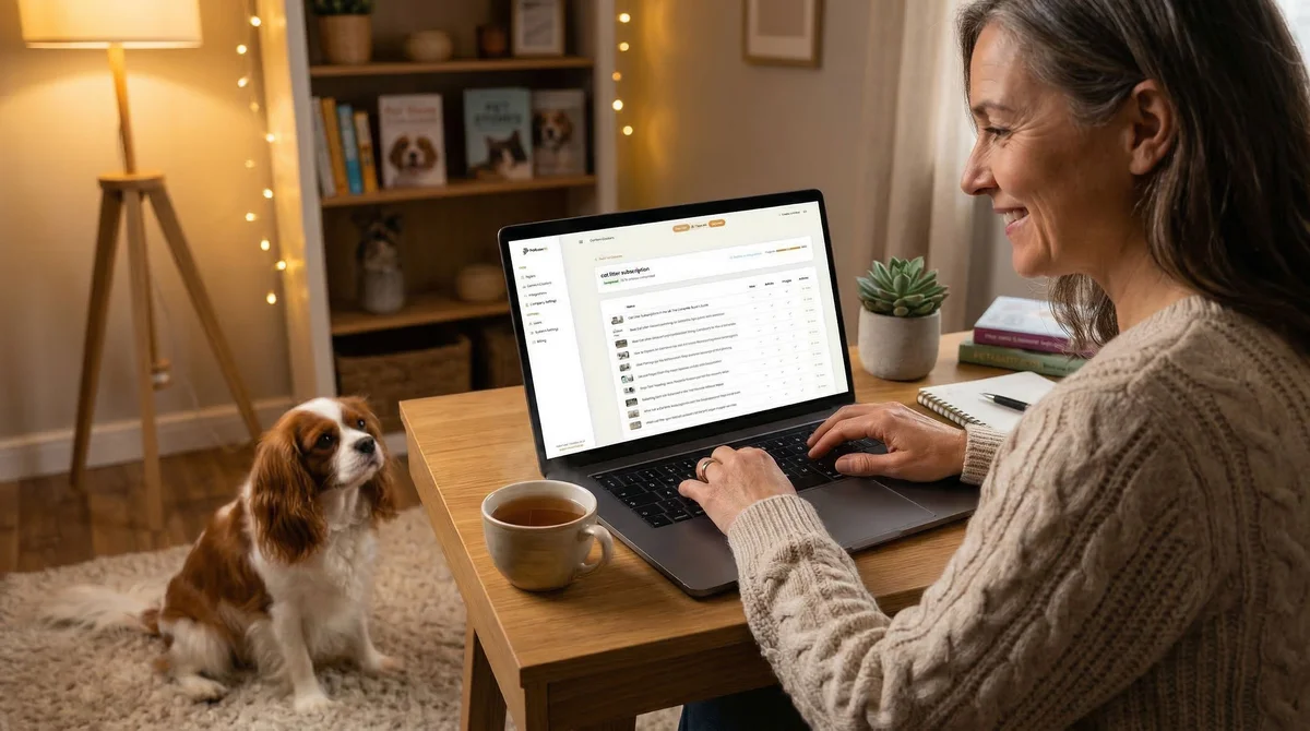 Pet store owner reviewing content performance at desk with dog nearby