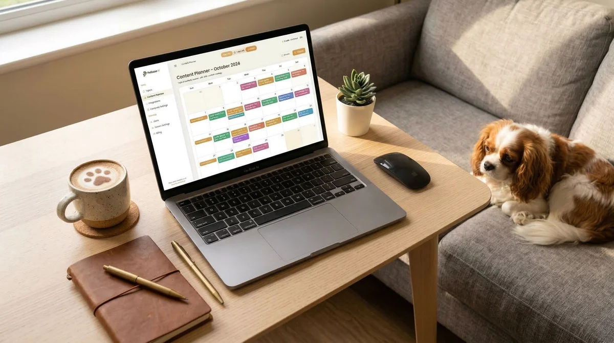 Petbase content planning interface showing a 30-day content strategy for a pet business