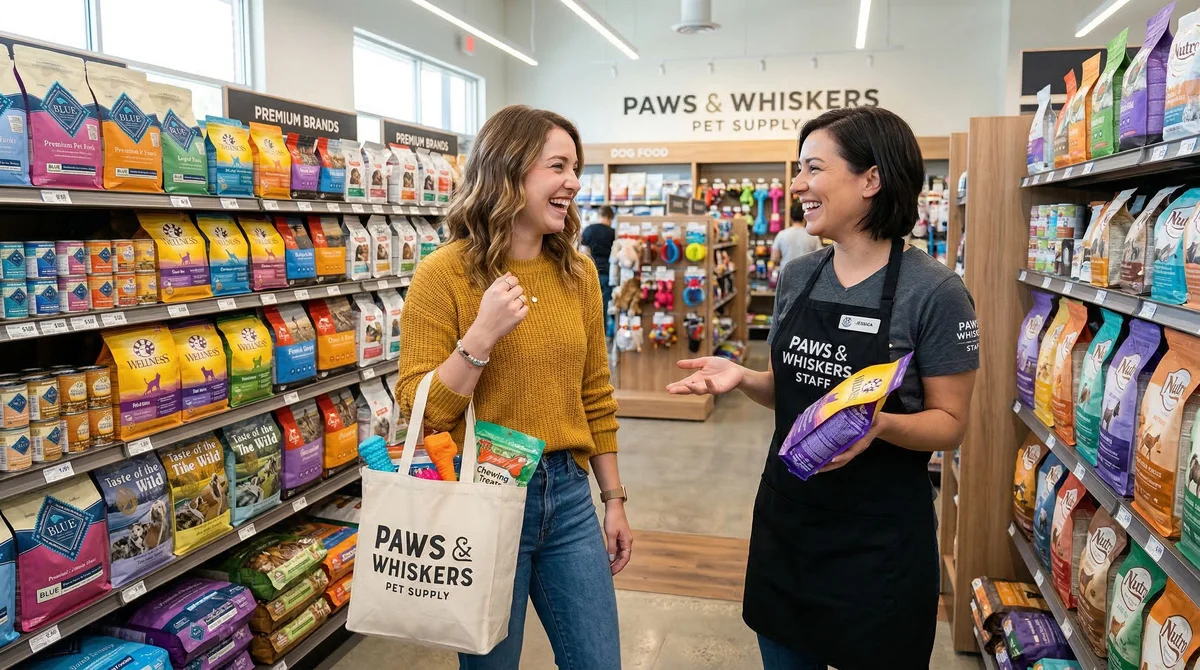 Happy customer in a modern pet store interacting with a knowledgeable store employee