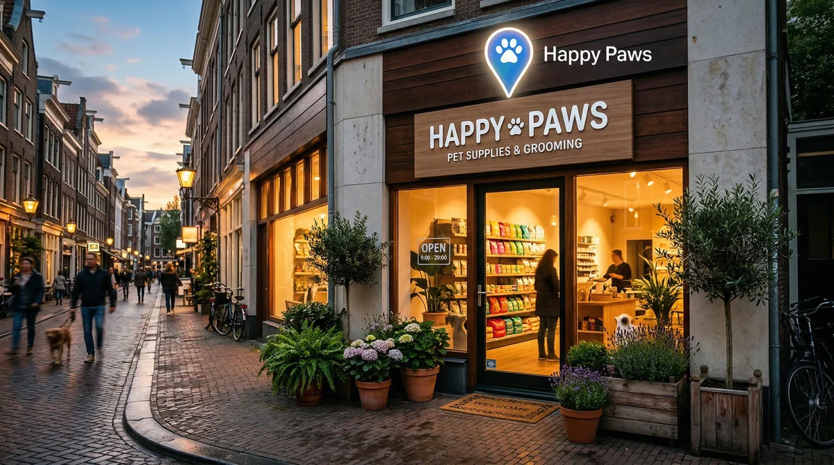 Modern European pet store exterior with warm lighting and a Google Maps pin above the storefront