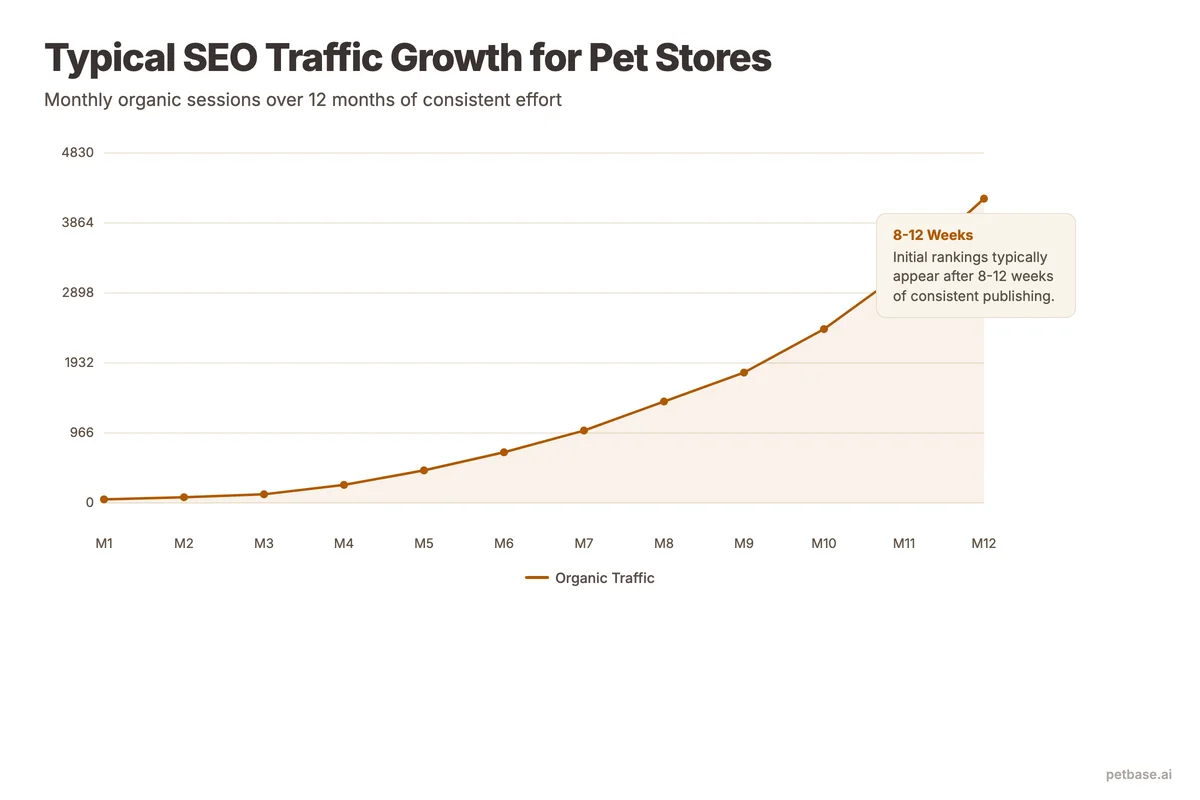 Traffic growth curve showing flat indexing period in months 1-2, first rankings in months 3-4, and compounding growth through month 12