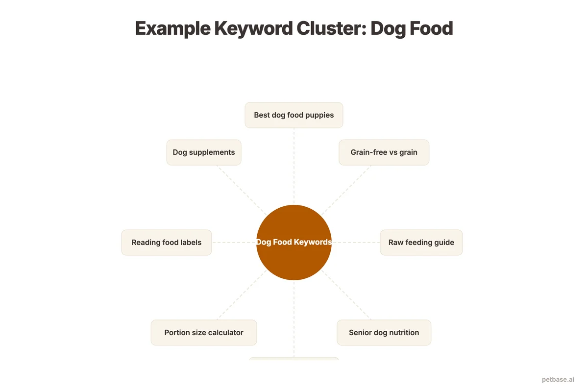 Dog food keyword cluster with pillar topic connected to 8 supporting keyword groups