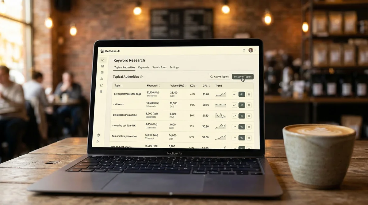 Keyword research tool showing pet industry search terms and difficulty scores