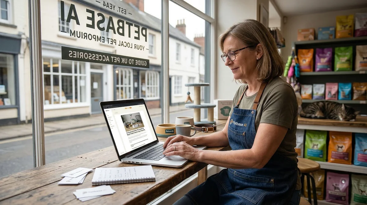 Store owner writing local content on laptop with storefront window visible behind