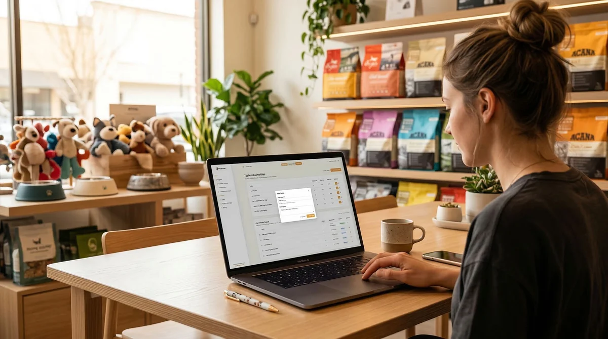 Person using keyword research tool on laptop with pet store visible in background