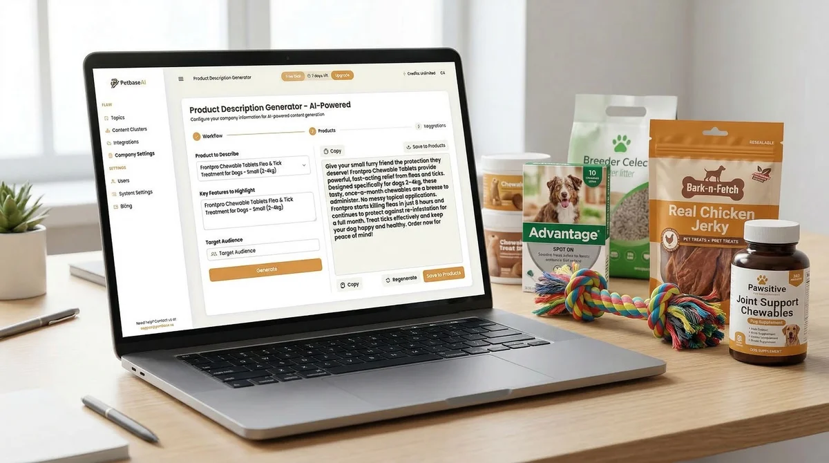 Laptop showing product description generator with pet products displayed on desk