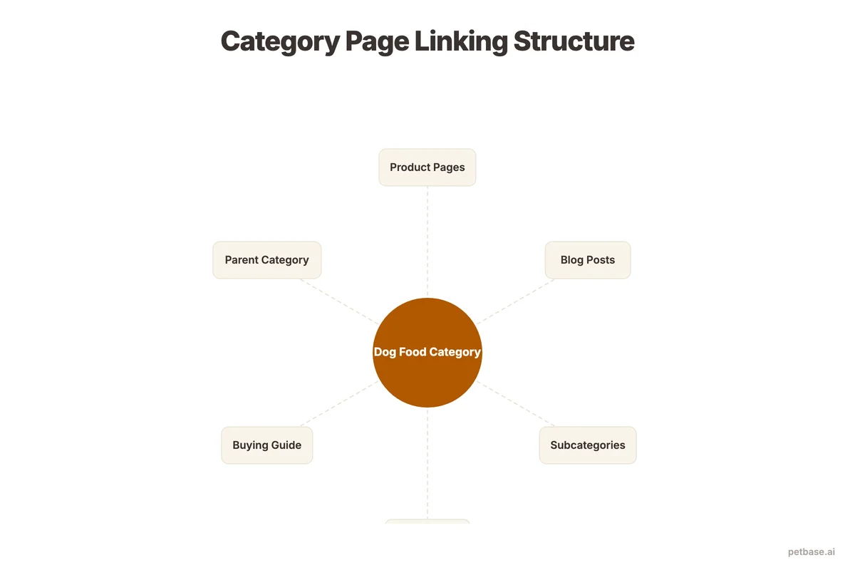 Category page linking diagram showing connections to product pages, blog posts, and subcategories