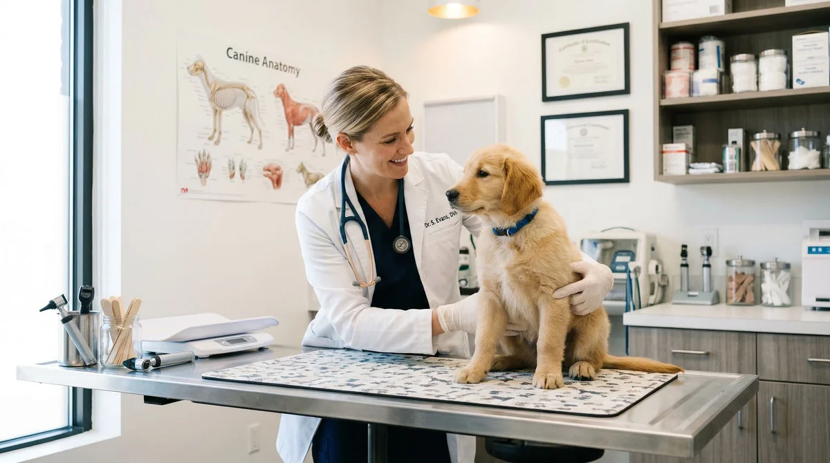 Veterinarian reviewing pet health content on tablet in clinic setting