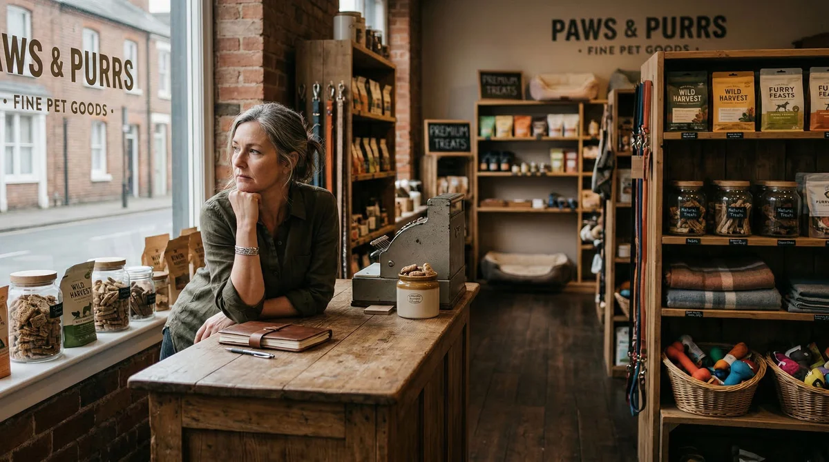 Pet store owner analyzing blog performance data on laptop