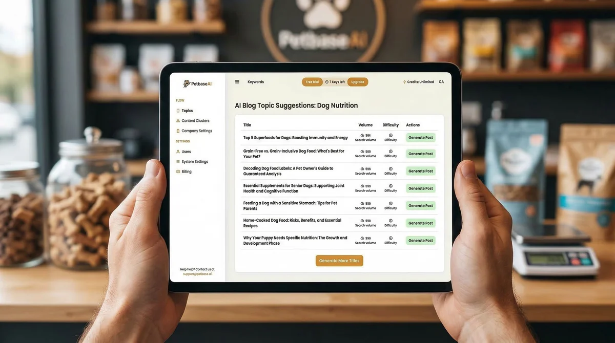 Petbase interface showing AI-generated blog topic suggestions optimized for pet store SEO