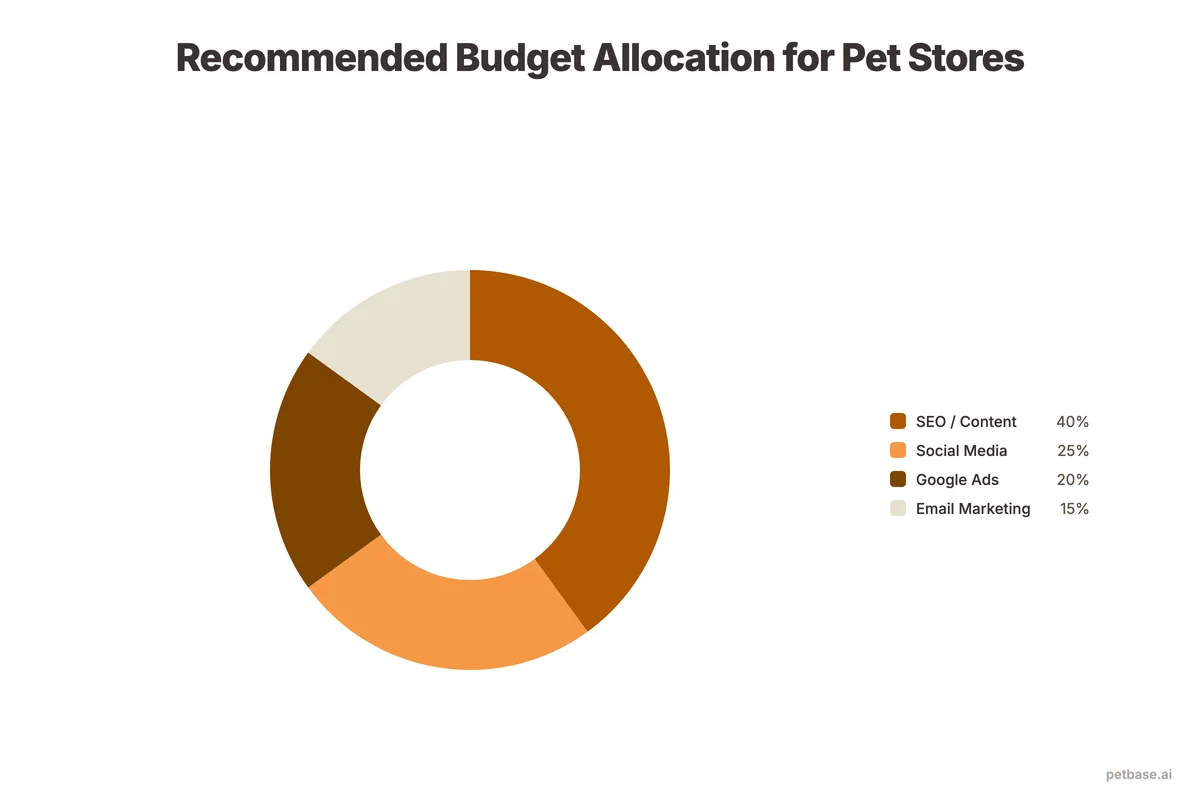 Budget allocation showing small stores at 40 percent SEO and medium stores at 35 percent SEO with 30 percent ads