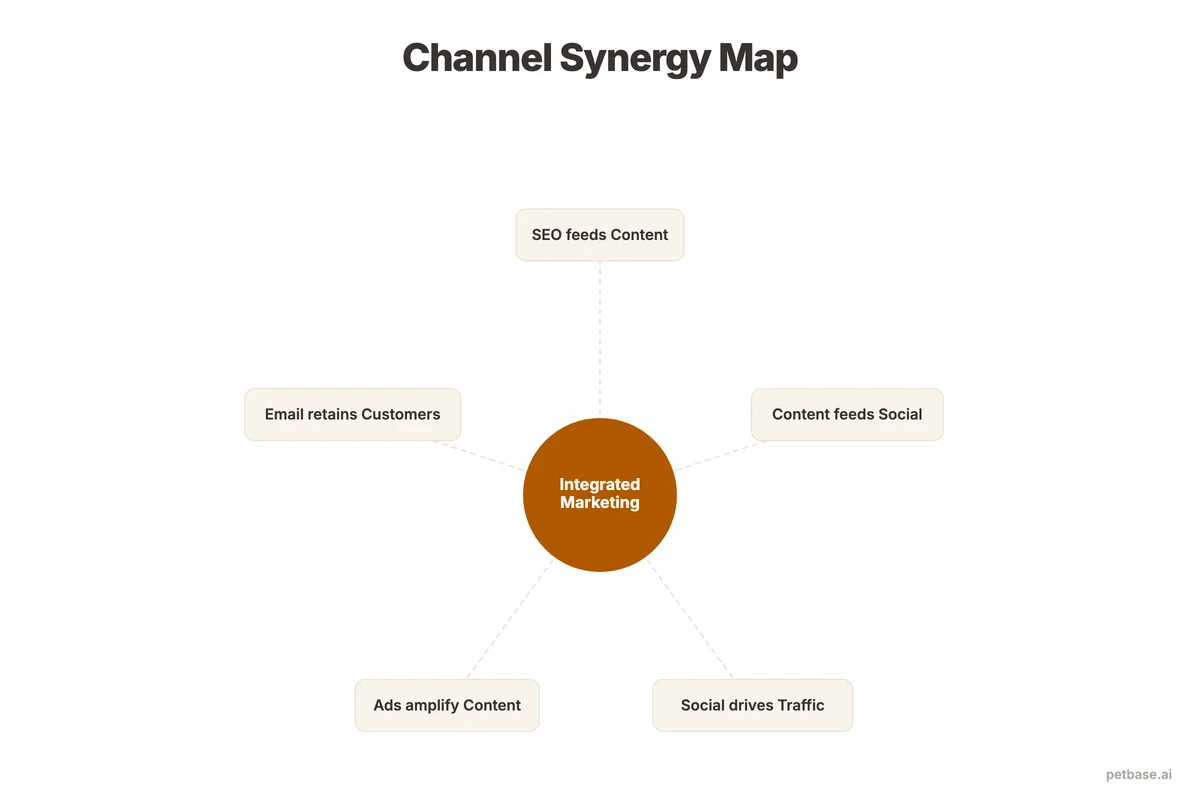 Channel overlap diagram showing SEO feeding content, content feeding social, and ads amplifying reach