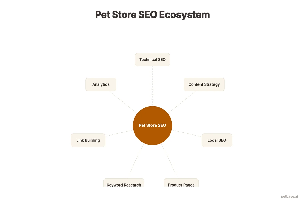 Hub-and-spoke diagram showing pet store SEO pillars including technical, content, local, and product pages