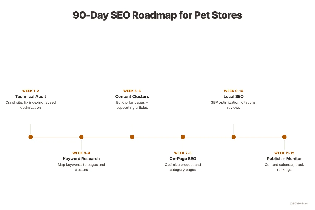 90-day SEO timeline showing technical fixes in month 1, content clusters in month 2, and optimization in month 3