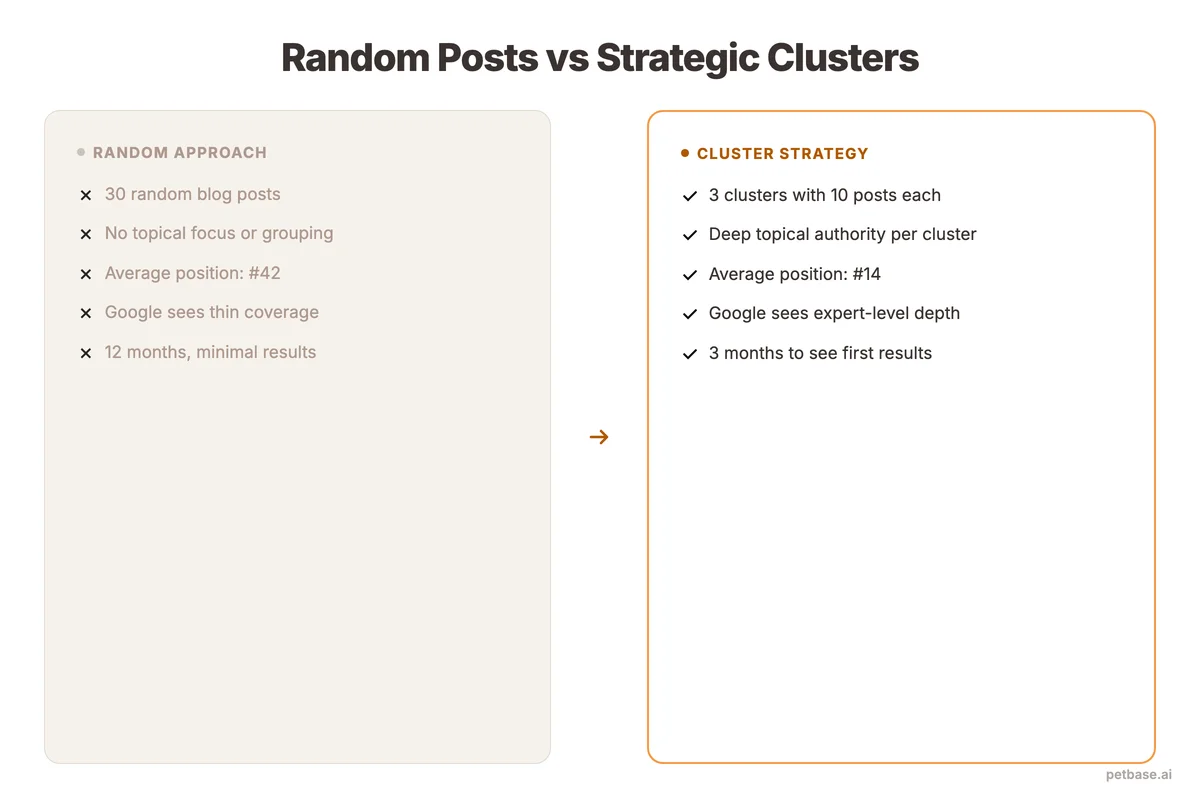 Before and after showing random scattered posts versus organized topic clusters ranking 14 positions higher