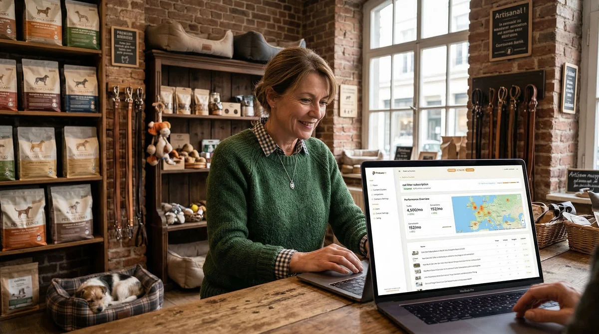 Pet store owner reviewing SEO performance dashboard with European market context