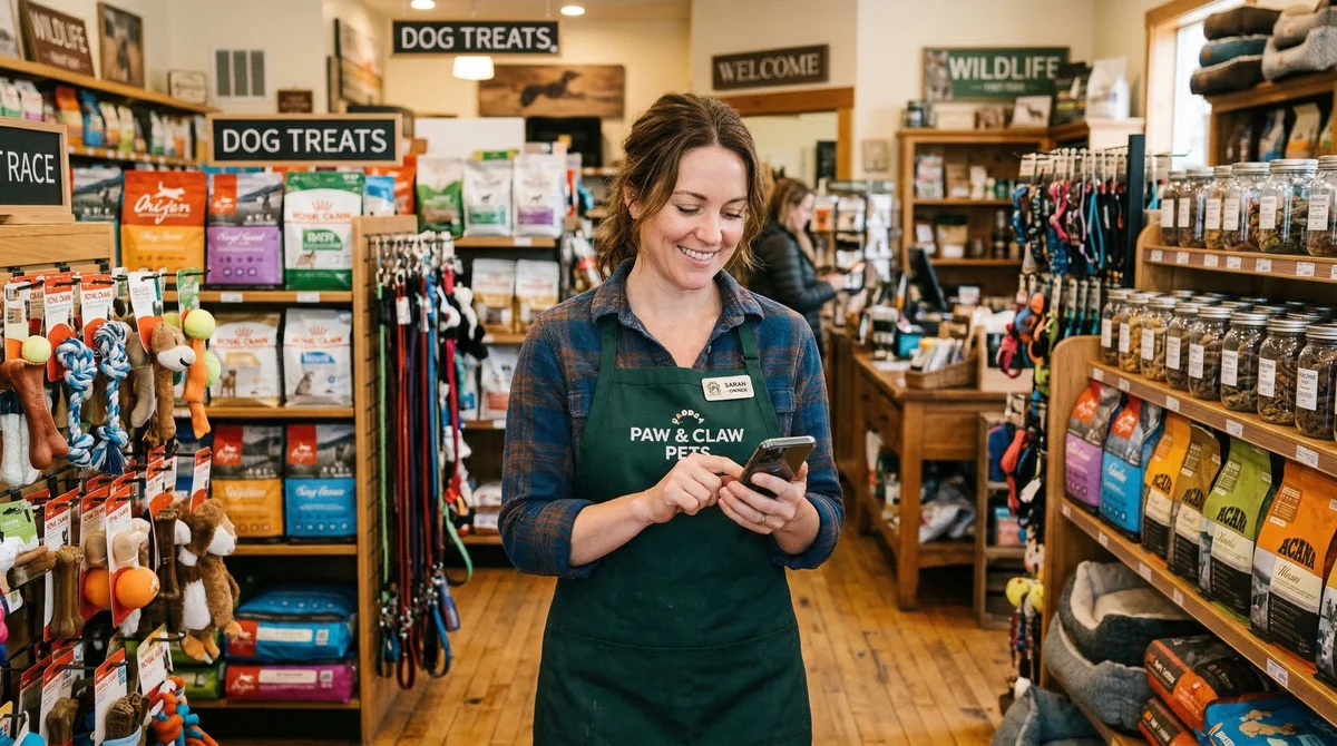 Pet store owner updating Google Business listing on phone in store