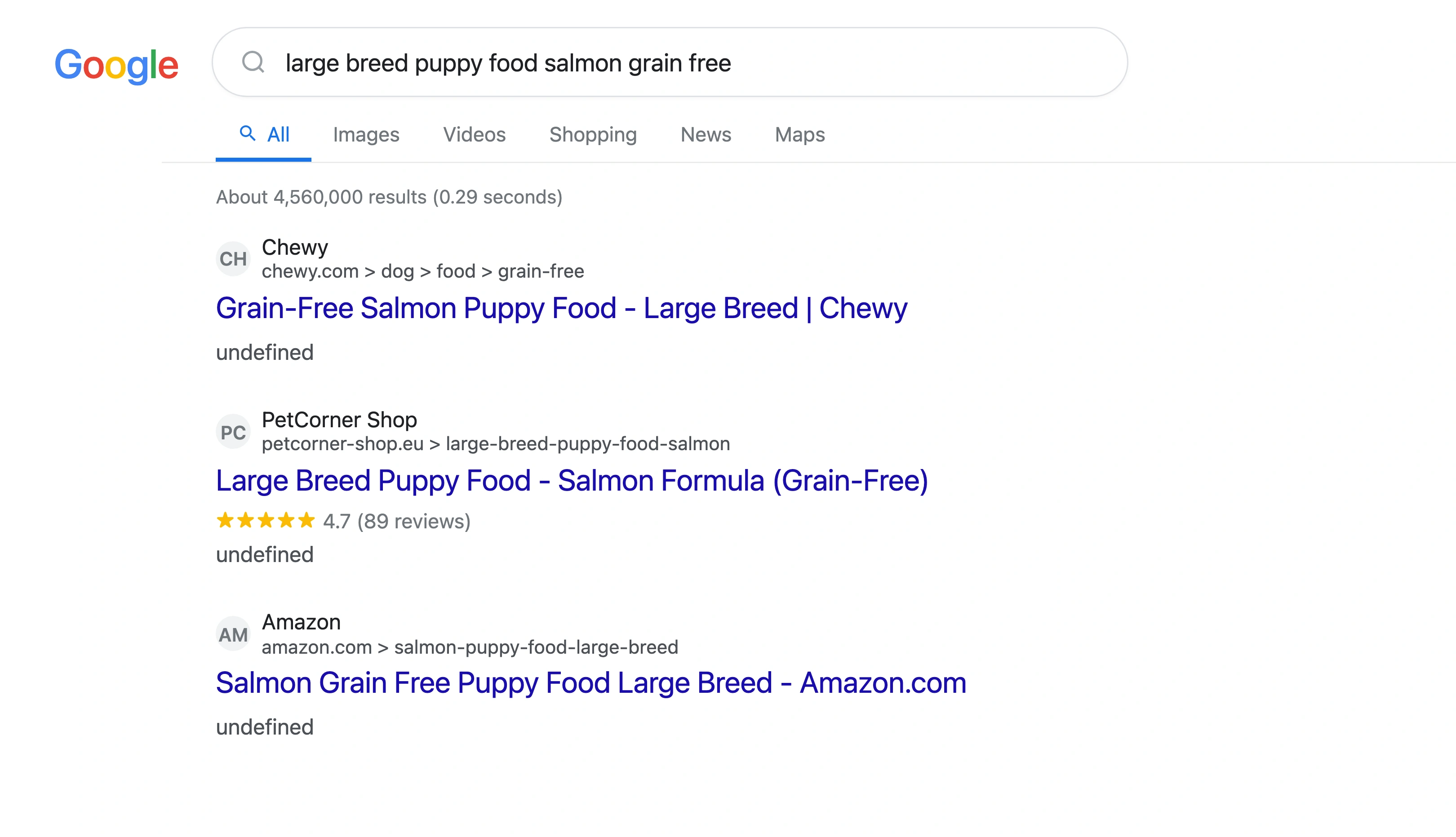 Google search results for large breed puppy food salmon grain free showing an optimized pet store product page ranking with rich snippets including price and rating