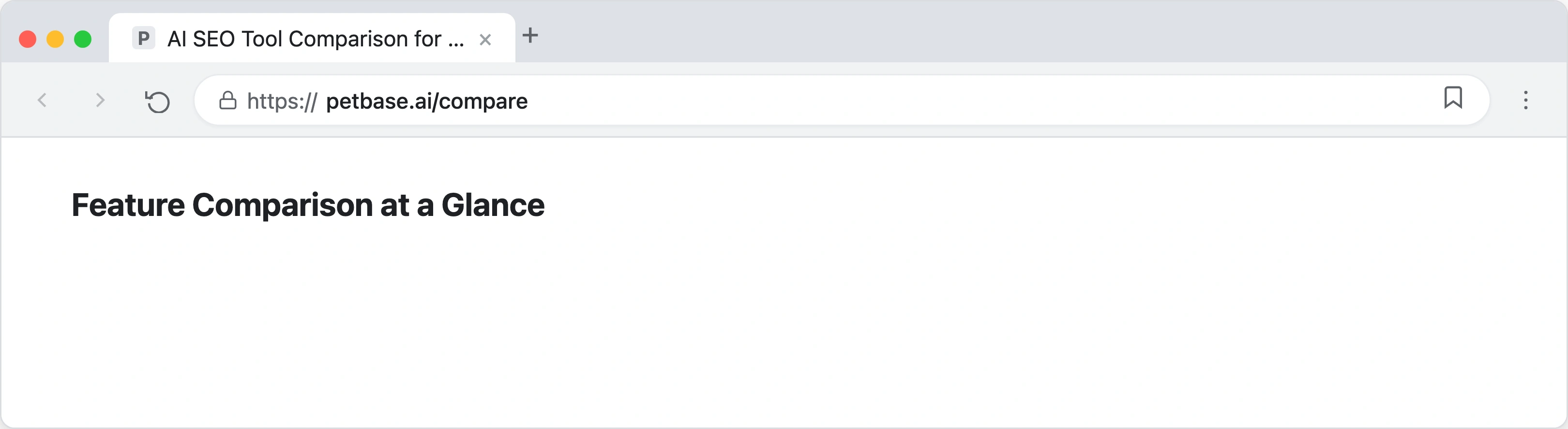 Dashboard comparing AI SEO tool features across ChatGPT, Jasper, Surfer SEO, and Petbase with checkmarks for pet industry knowledge, auto-publishing, and topical authority planning