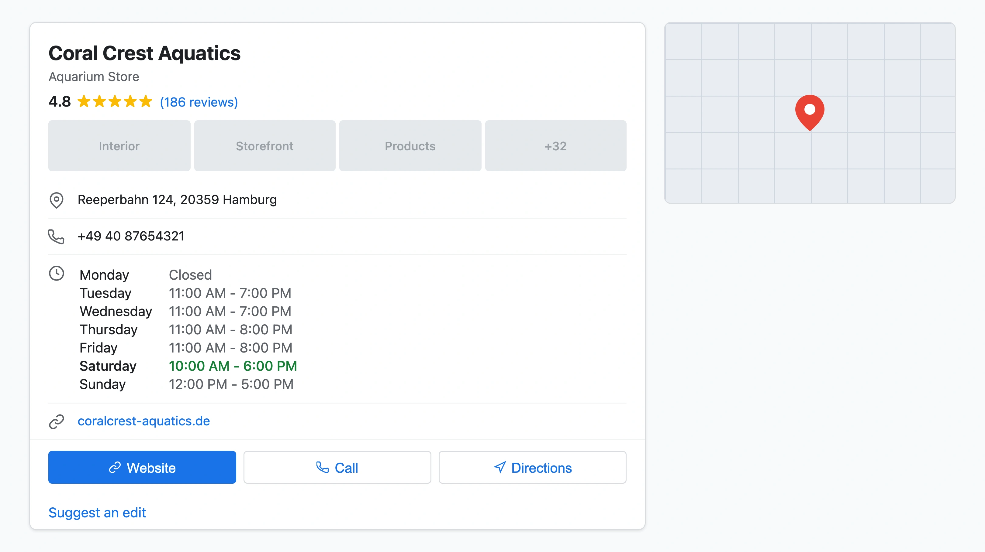 Google Business Profile for an aquarium store showing 112 photos, 186 reviews with a 4.8 star rating, services list, and 'Open now' status