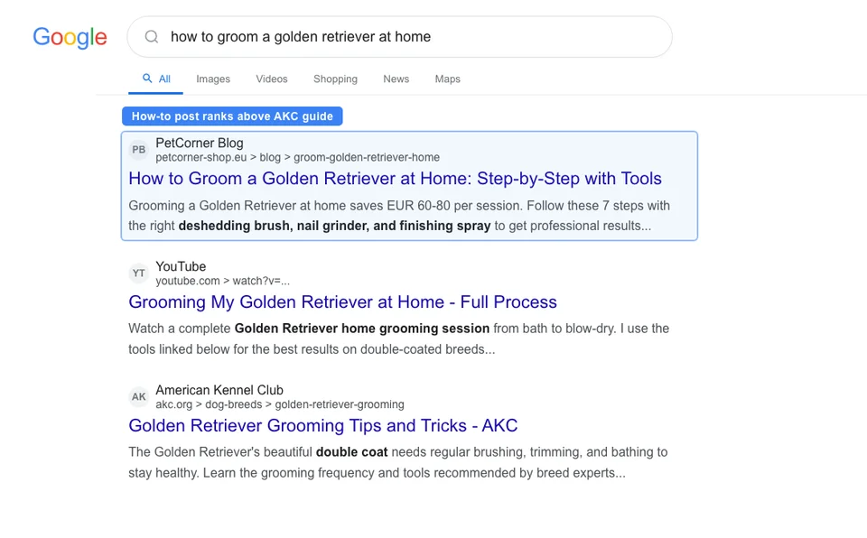 Google search results for how to groom a golden retriever at home showing a how-to blog post ranking first with product recommendations embedded in the content