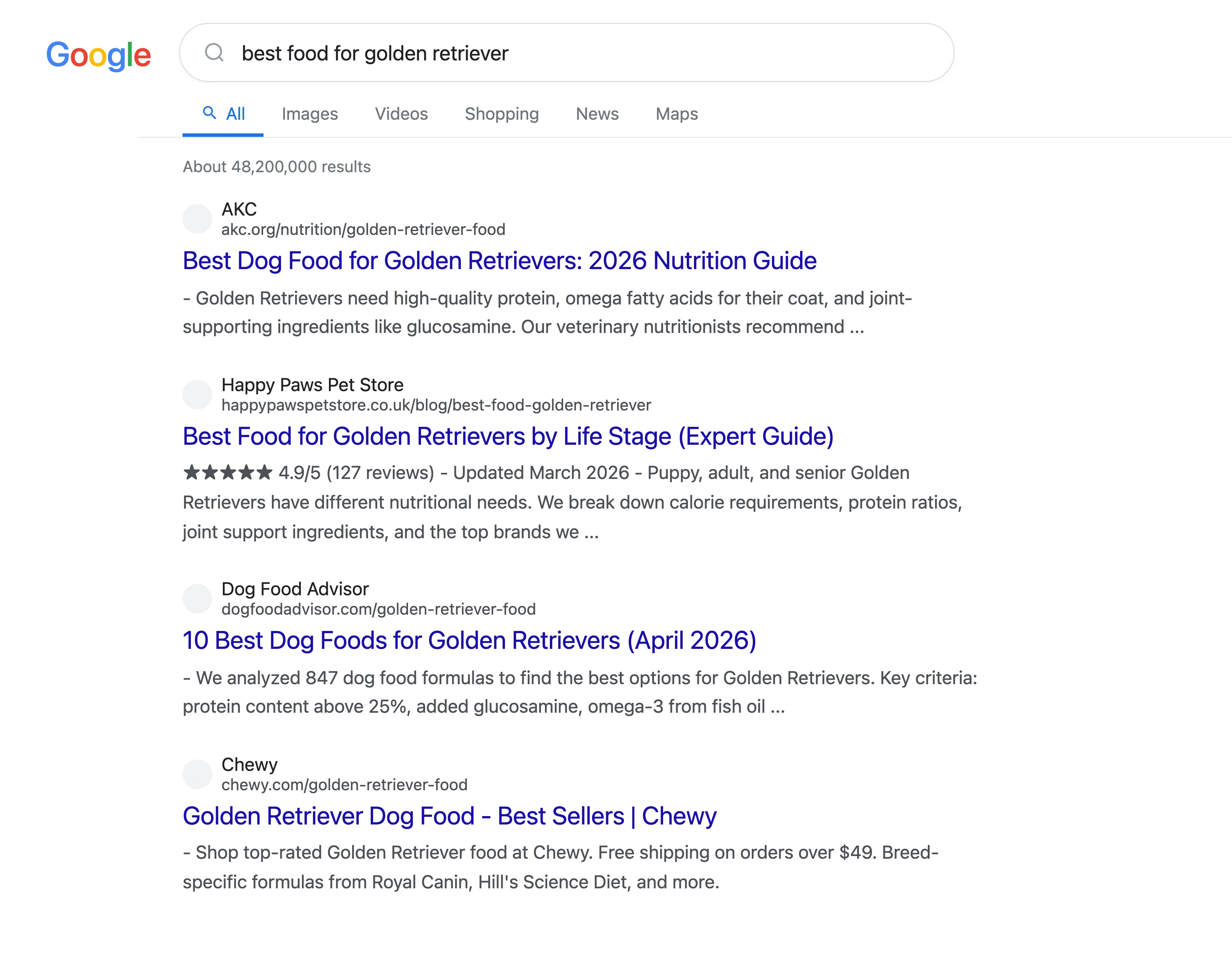 Google search results for best food golden retriever showing a pet store breed guide ranking on page one alongside major retailers
