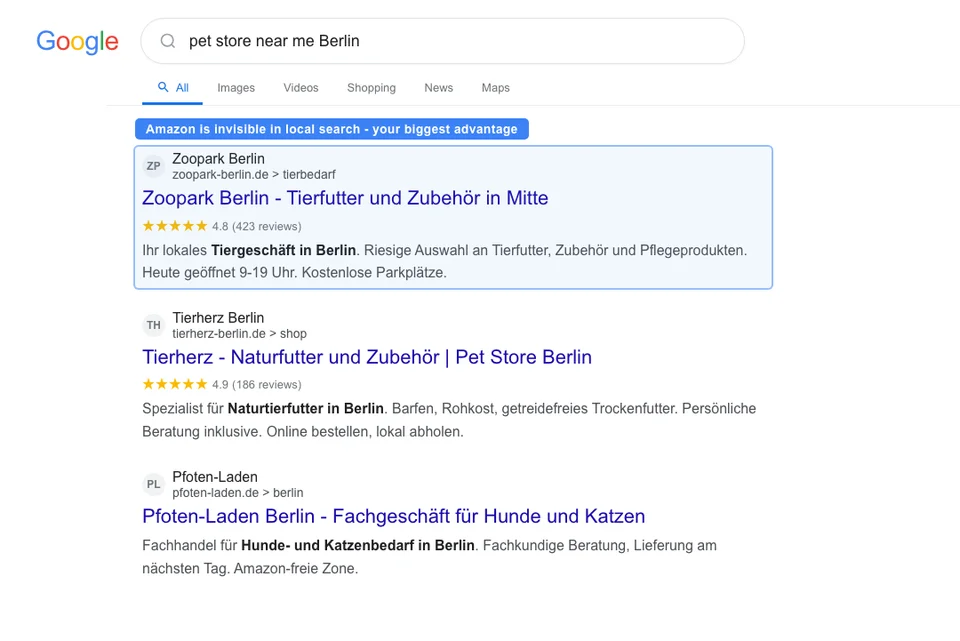 Google search results for pet store near me showing a local pack with independent pet stores ranking above Amazon which is absent from local search results
