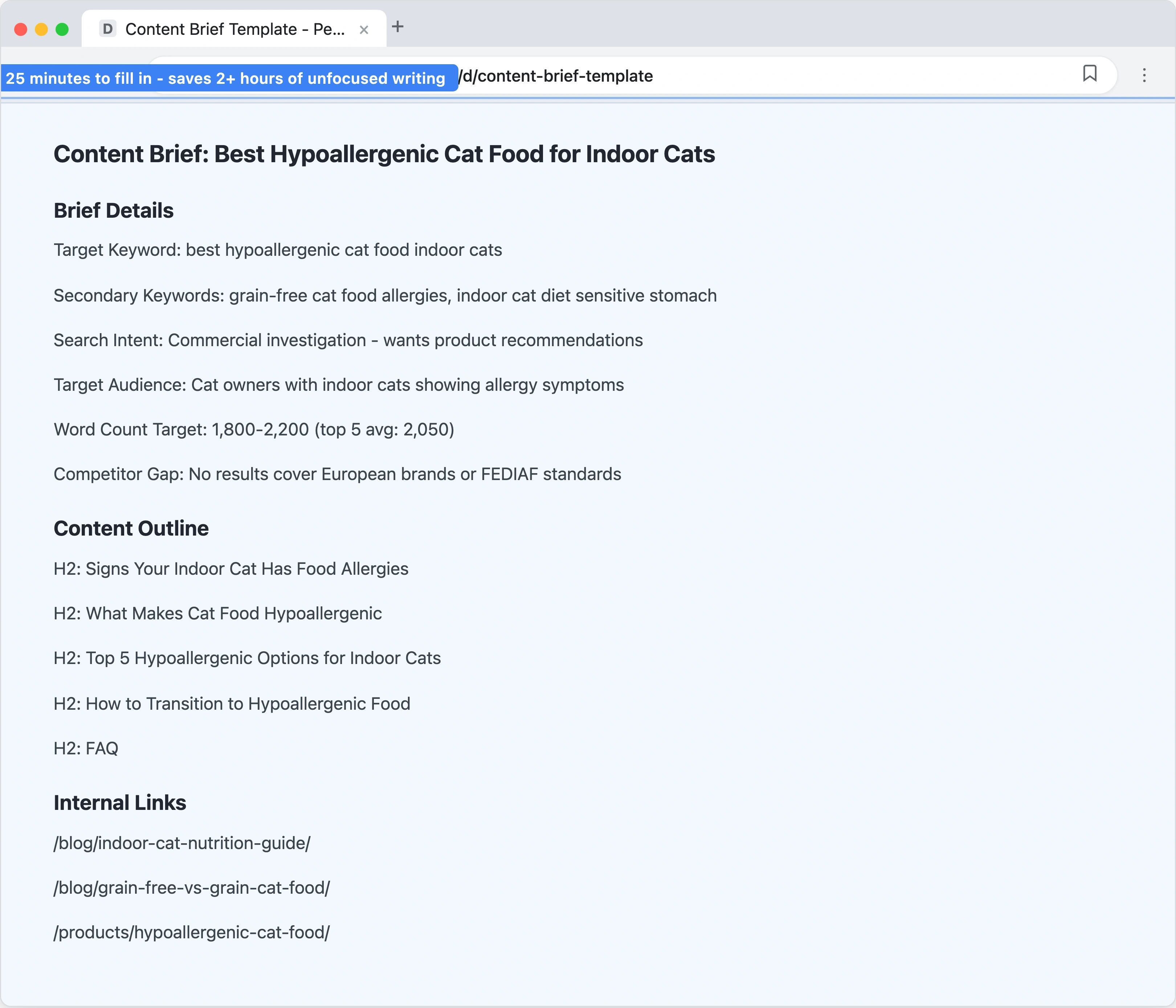 Content brief template in a document editor showing fields for target keyword, search intent, audience, word count, content outline with H2 headings, competitor gaps, and internal links for a pet store blog post