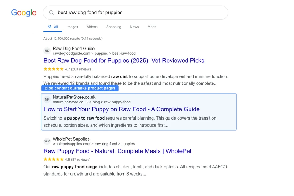 Google search results for best raw dog food showing pet blogs and specialty stores ranking above big retailers for long-tail content queries