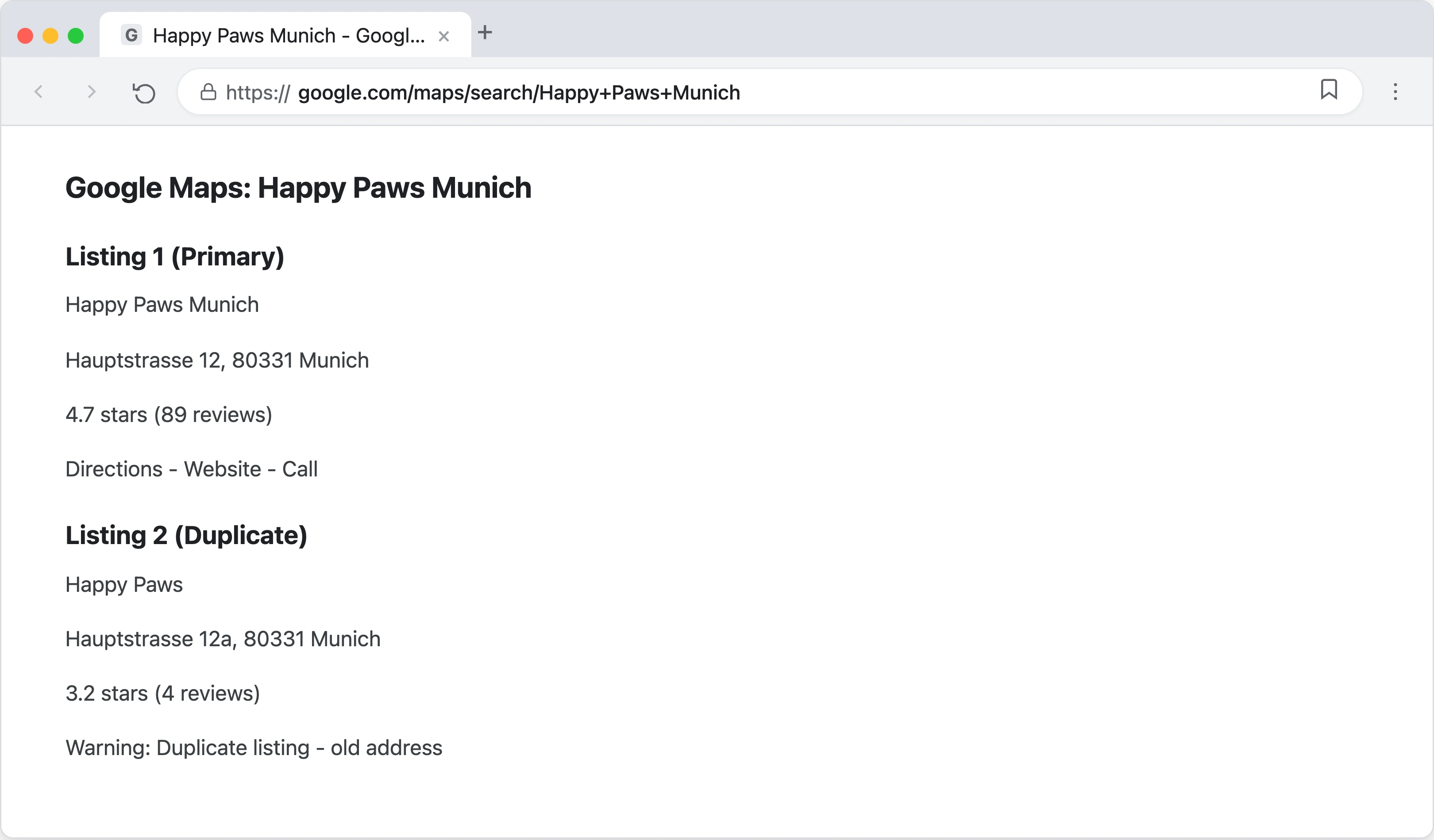 Google Maps view showing two pins for the same pet store Happy Paws at slightly different addresses on Hauptstrasse 12 and Hauptstrasse 12a in Munich, illustrating how duplicate listings create confusion for customers and search engines