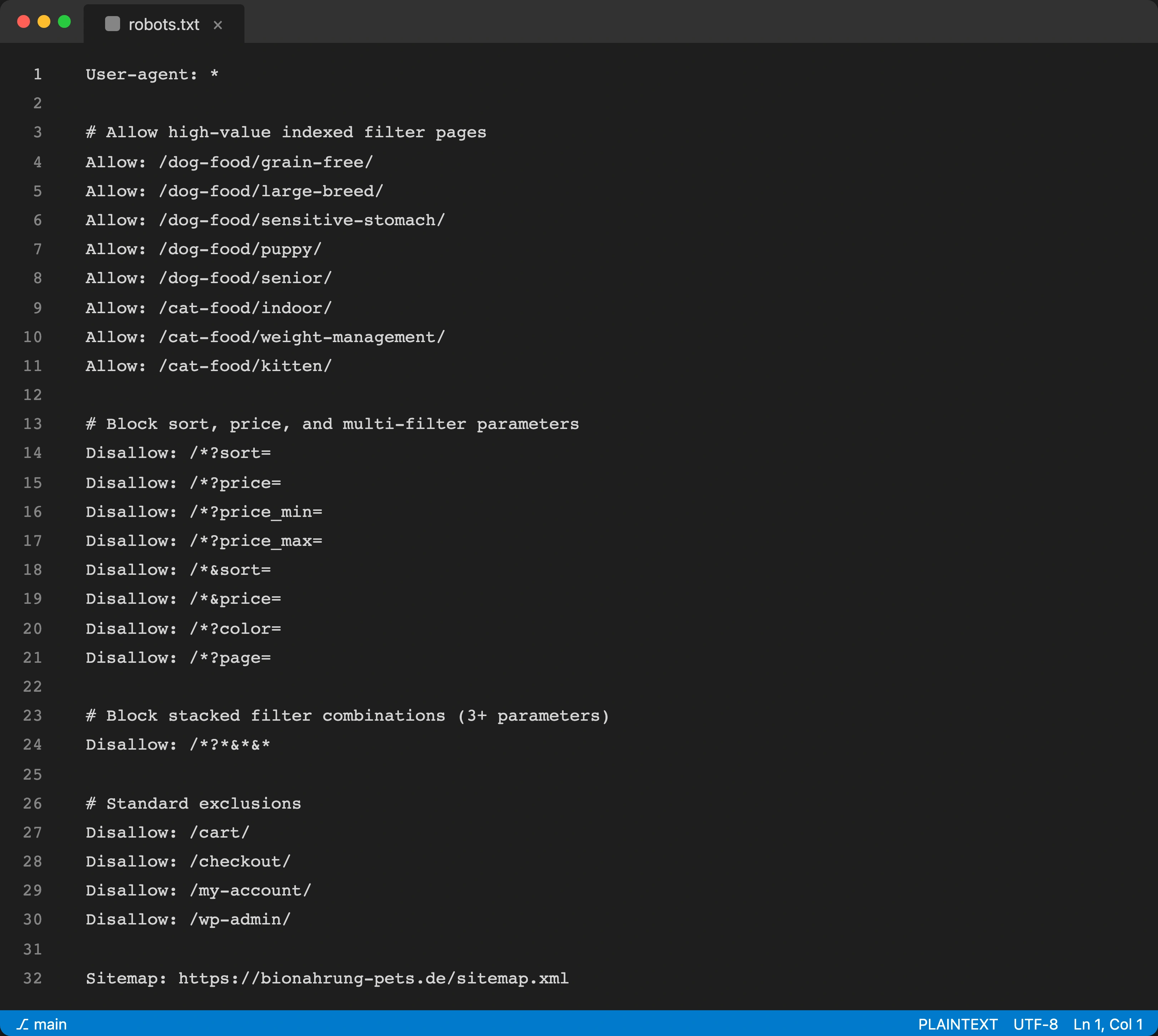 Code editor showing robots.txt configuration for a pet store with Disallow rules for sort, price, and multi-filter parameters alongside Allow rules for breed-size and condition paths