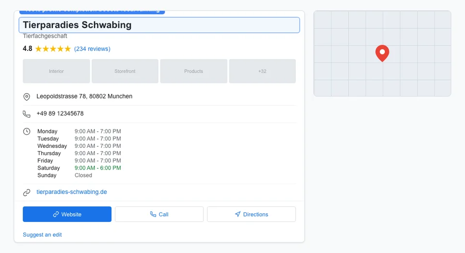Google Business Profile panel for a Berlin pet store showing a 4.8 star rating with 234 reviews, full business hours, address, phone number, and website link