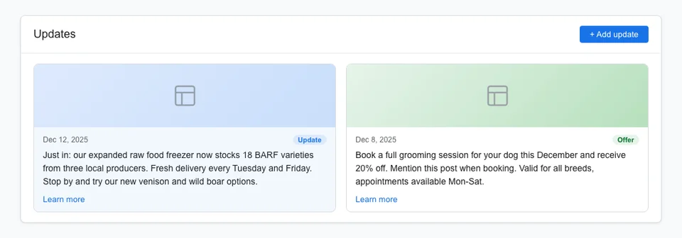 Google Business Profile posts section showing two recent posts from a pet store - a weekly update about new raw food arrivals and an offer post for a grooming discount