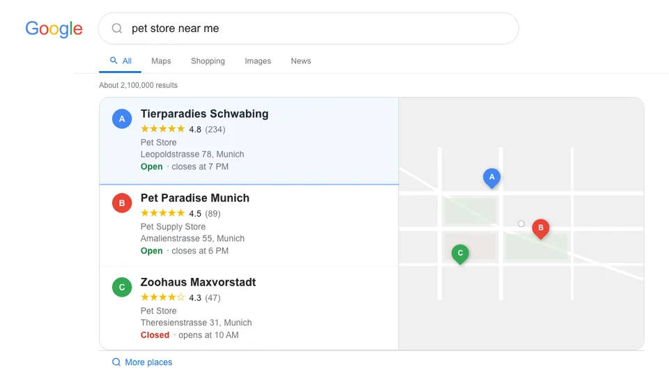 Google local pack for pet store near me search showing three Munich pet stores with ratings, review counts, categories, and open or closed status on the map