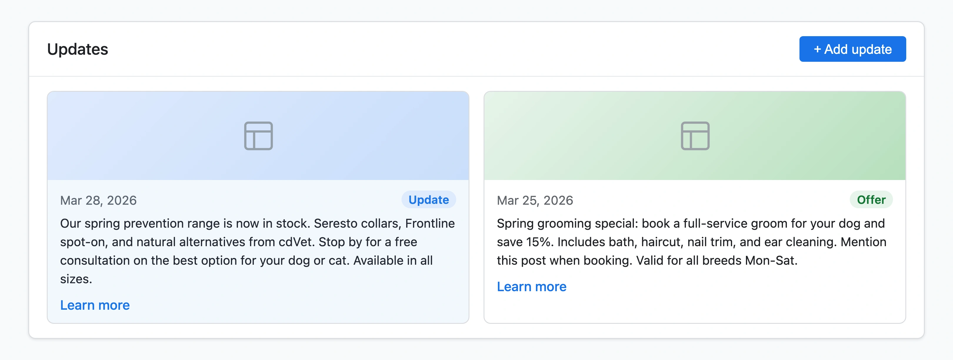 Google Business Profile posts section showing two posts from a pet store - a What's New update about spring product arrivals and an Offer post for 20% off grooming with CTA buttons
