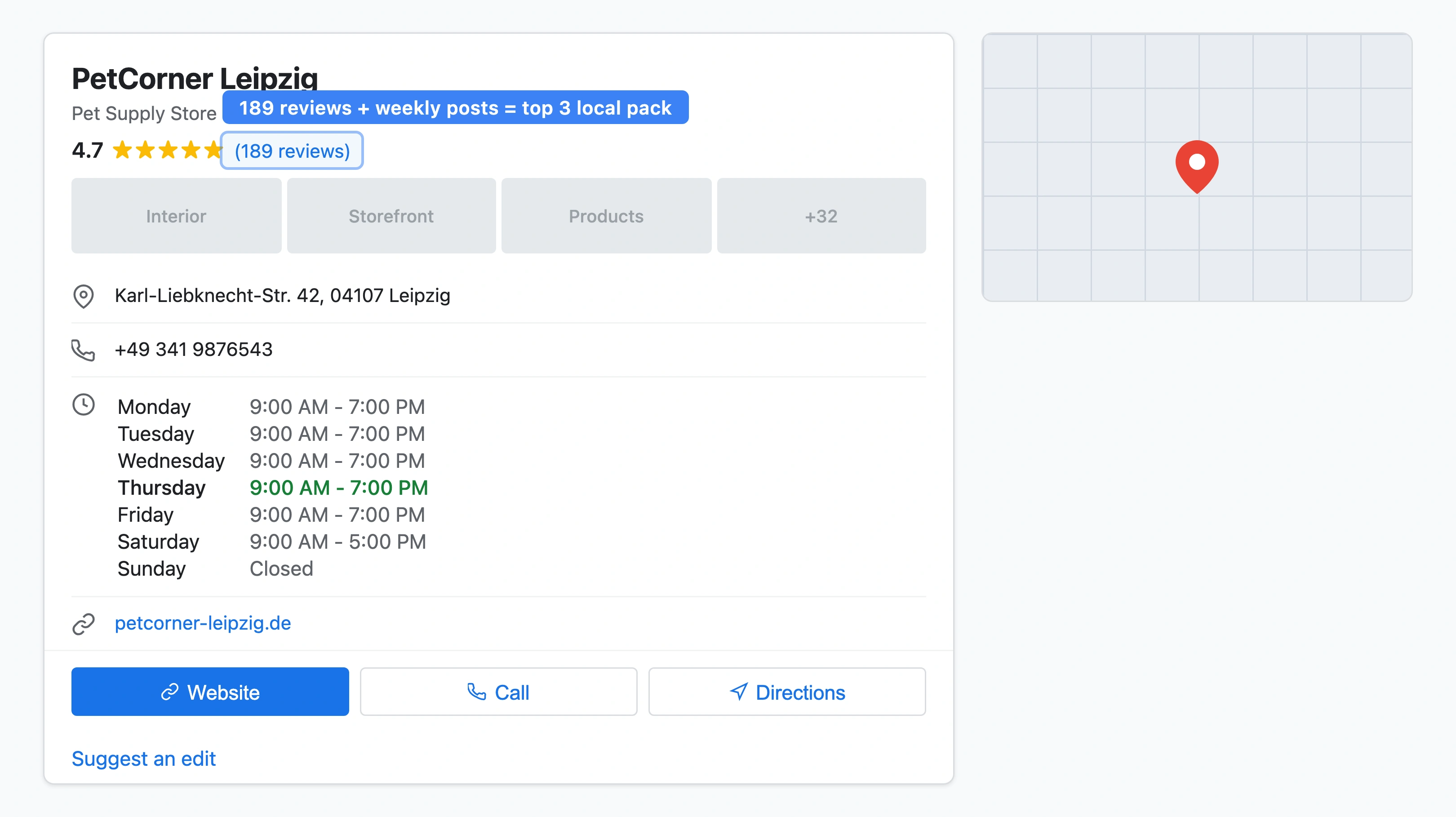 Google Business Profile panel for a Leipzig pet store showing a complete profile with 4.7 star rating, 189 reviews, business hours, address, phone, website, and category set to Pet Supply Store