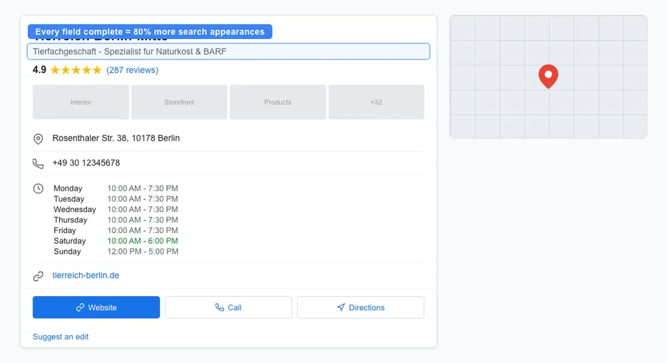 Fully optimized Google Business Profile panel for a Berlin pet store showing completed description, all categories, accurate hours, website, address and 287 reviews - the complete profile that receives 80 percent more search appearances