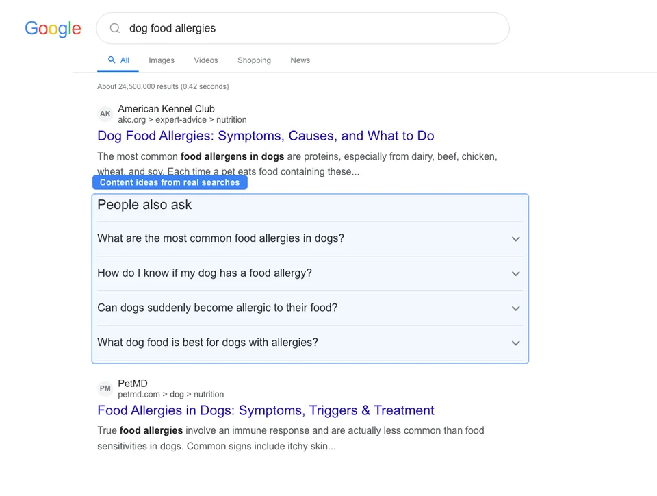 Google People Also Ask box for dog food allergies showing four expandable questions pet owners commonly search